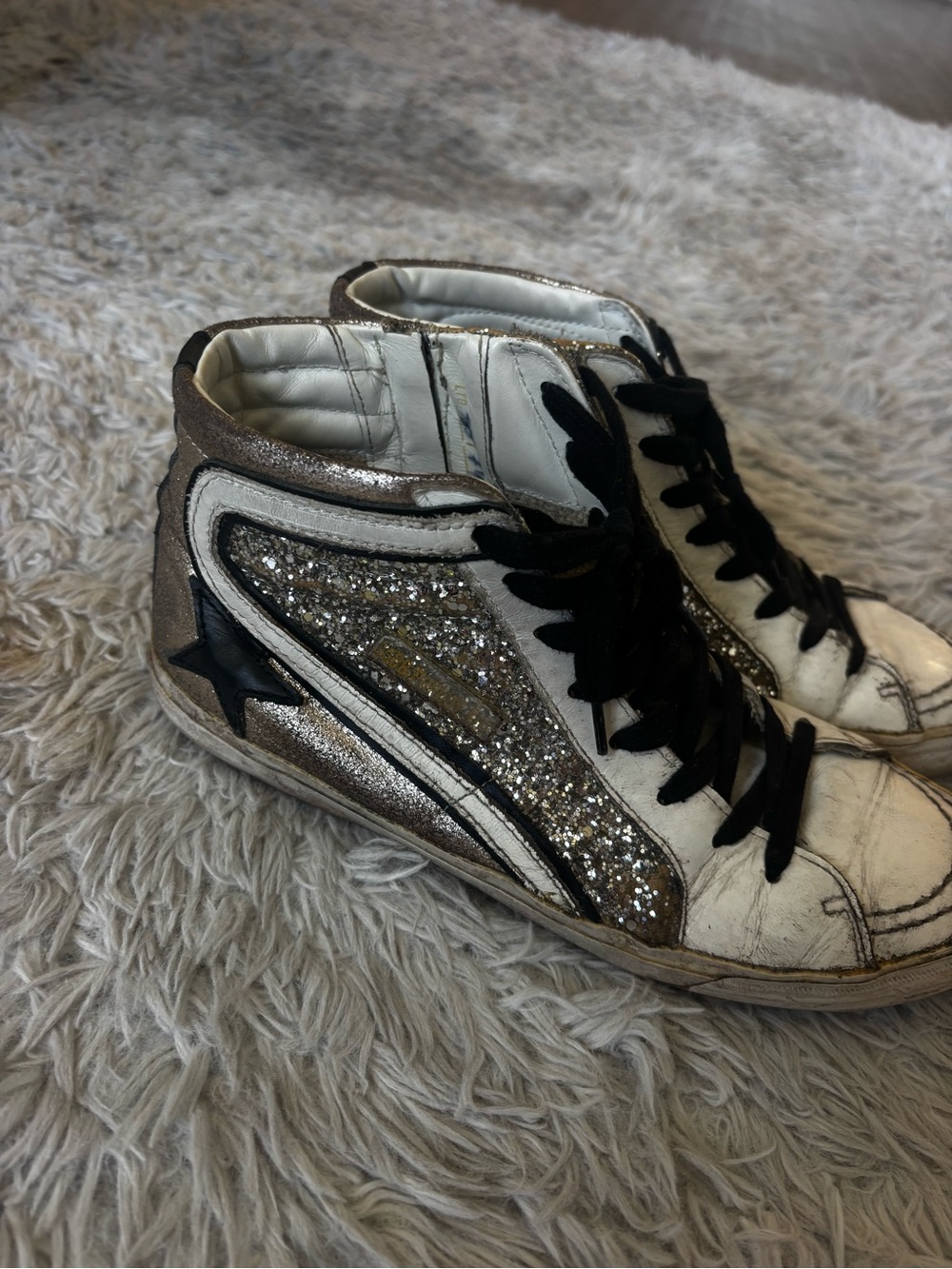 Golden Goose Sparkle High-Top Sneakers with Black Star Accent